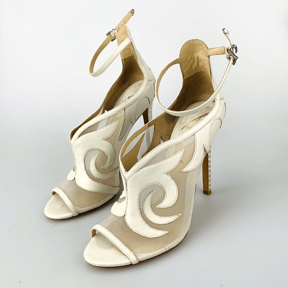 Brian Atwood Heels Ankle Strap White Peep Toe Size 8.5 Mesh Snakeskin